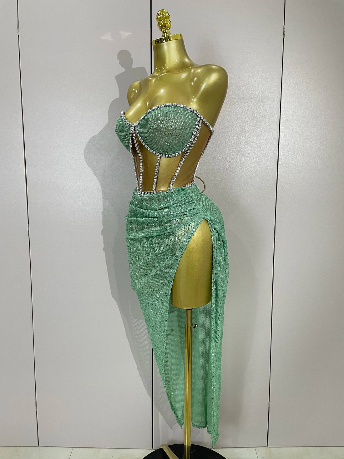Sparkly Sequins Diamond Birthday Party Two Piece Set Evening Dress Women Sexy Singer Dancer NightClub Bar Performan Costume Mint