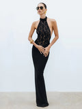 Sexy Black Halter Lace See Through Long Dress Backless Floor Length Tunic Elegant Cocktail Party Evening Gowns