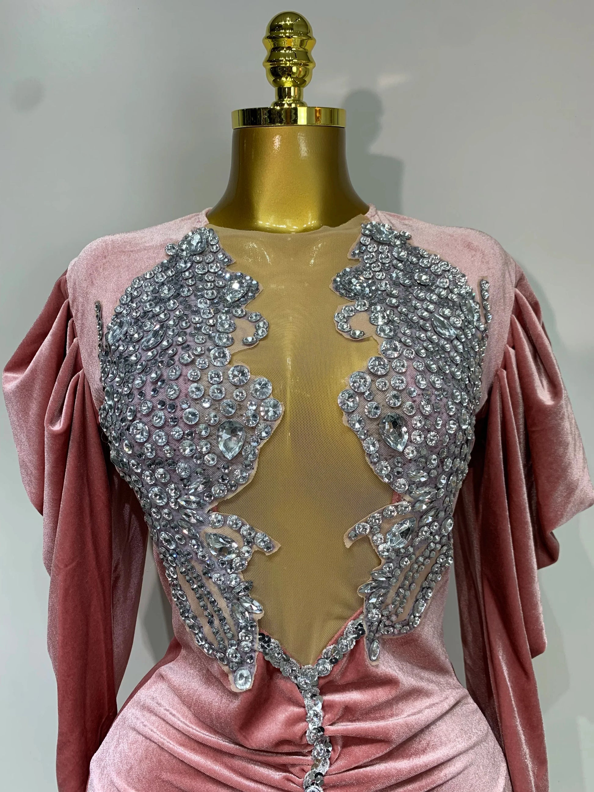 Luxury Birthday Dress Sparkly Crystals Sexy Mesh Velvet Short Dress Women Elegant Evening Party Nightclub Stage Costume