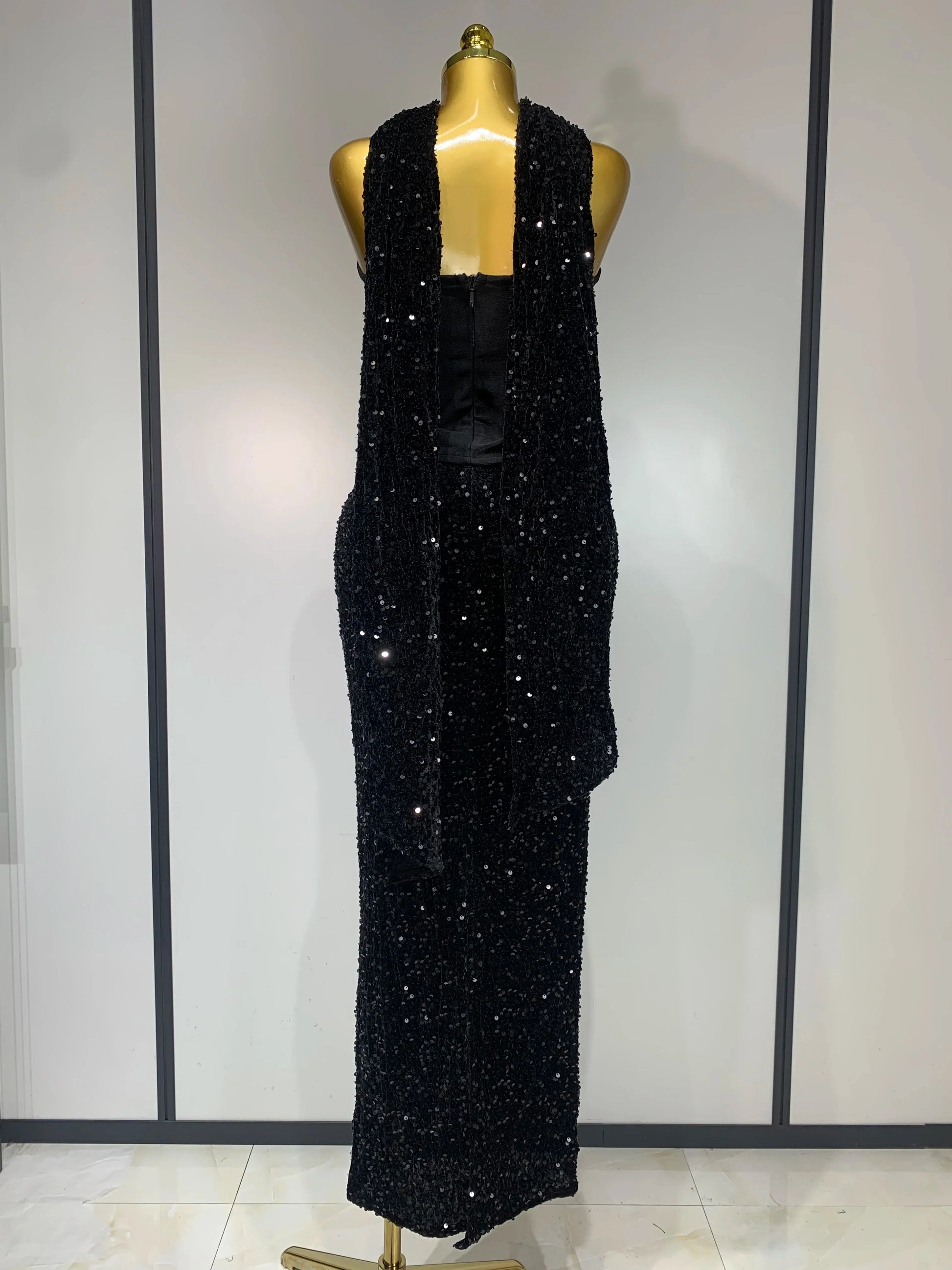 Women Sexy Strapless Sequin Black Maxi Long Bandage Three Piece Set Knitted Elegant Evening Club Party Birthday Prom Gowns