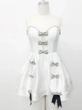 Spring Women's White Puff Dress Strapless Sleeveless Three Dimensional Bow Design A-line Mini Dress Evening Party Vestidos