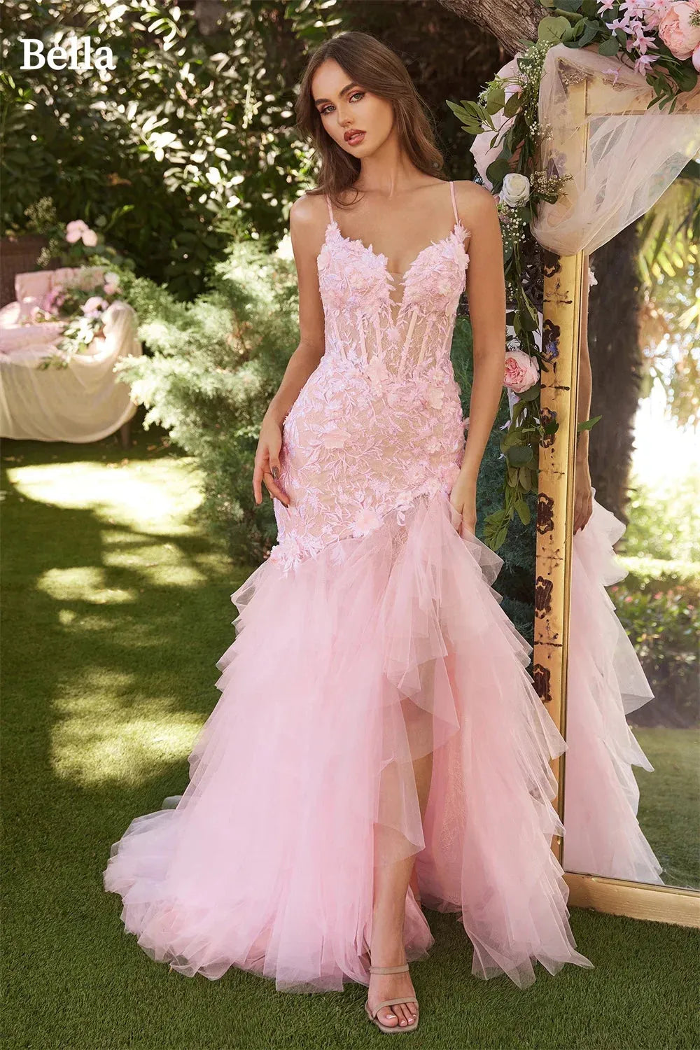 Baby Pink Prom Dresses Lace Appliques Tulle Mermaid Wedding Dress