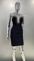 Luxury Sparkling Diamond Sexy Deep V-Neck Black Bandage Mini Dress Fashion Woman Evening Party Dress Birthday Party Outfit