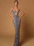 Sparkling Sliver Sequins Sexy V-Neck Spaghetti Strapless Floor Length Dress Graceful Evening Dress Celebrity Party Outfit As Picture