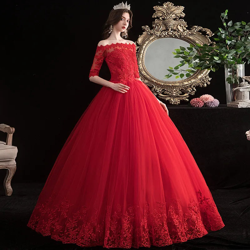 Robes De mariée rouges élégant col bateau Robe De Noiva classique dentelle Robe De bal hors De la grande taille Robe De Mariee