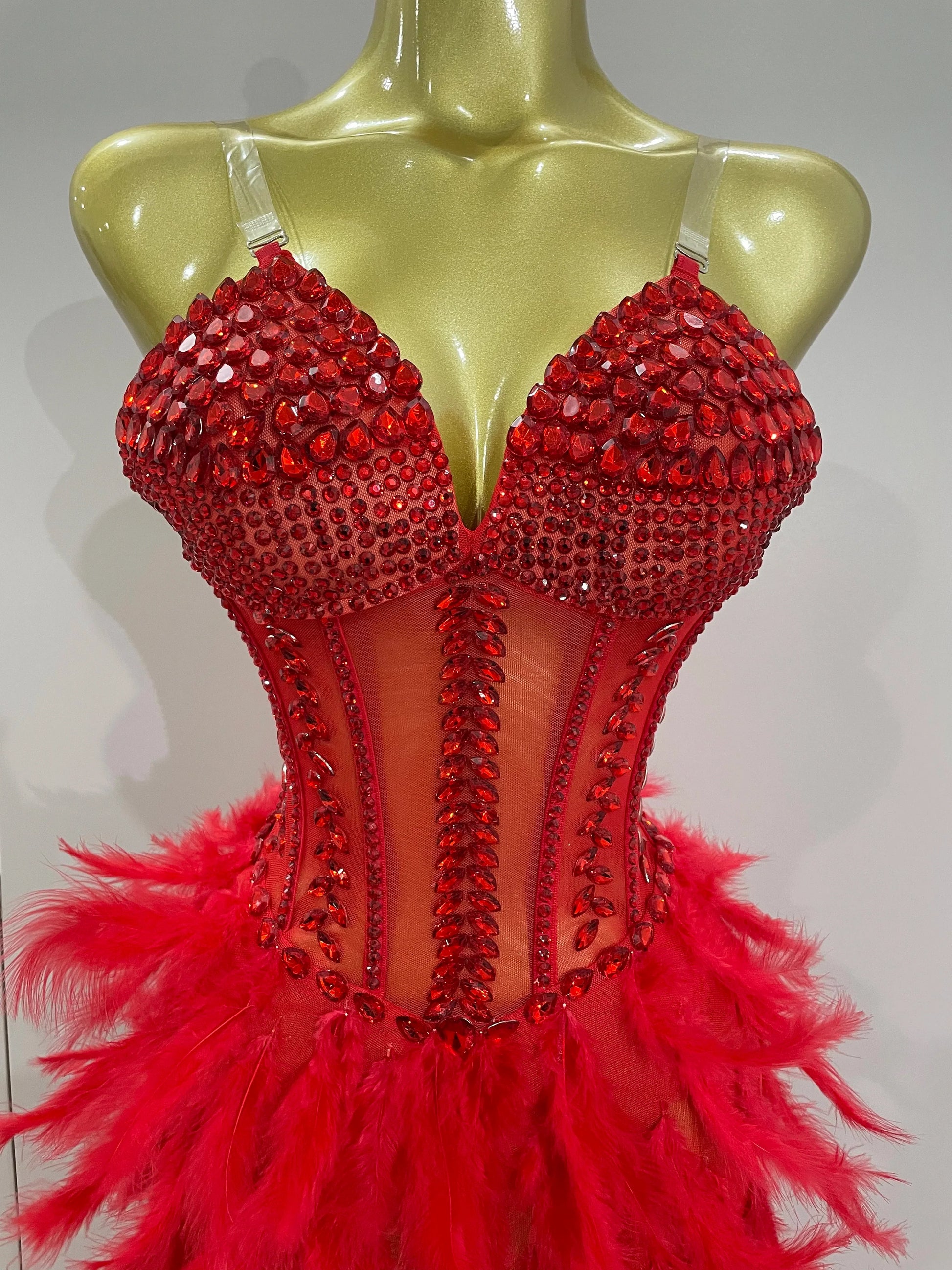 Luxury Sparkly Rhinestones Feathers Long Tail Dress Sexy Mesh Transparent Stage Bodysuit Evening Party Celebrate Birthday Dress