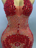 Sexy Red Sparkly Rhinestones Halter Backless Velour Short Dress Women Evening Prom Celebrate Birthday Party Stage Wear