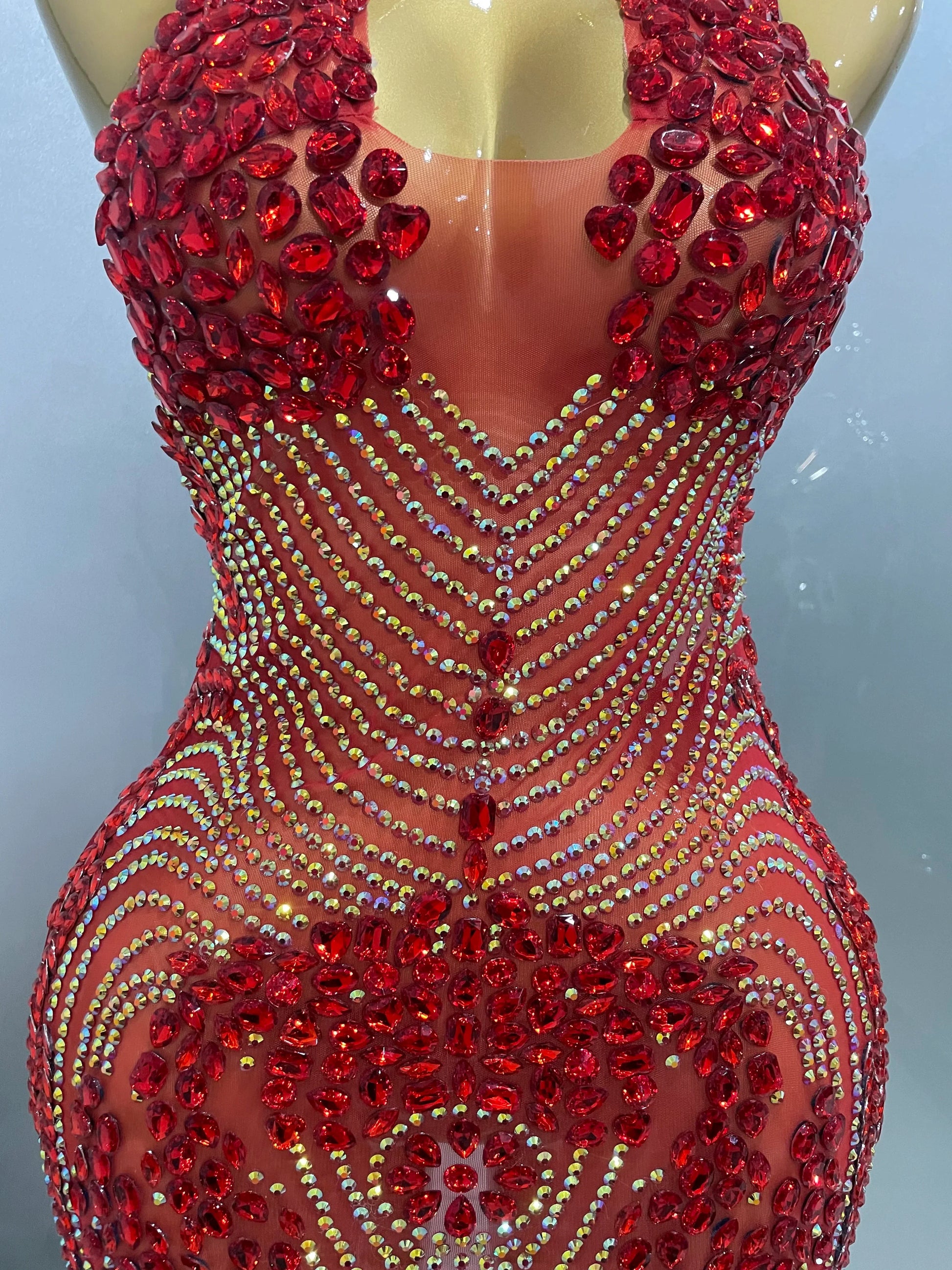 Sexy Red Sparkly Rhinestones Halter Backless Velour Short Dress Women Evening Prom Celebrate Birthday Party Stage Wear