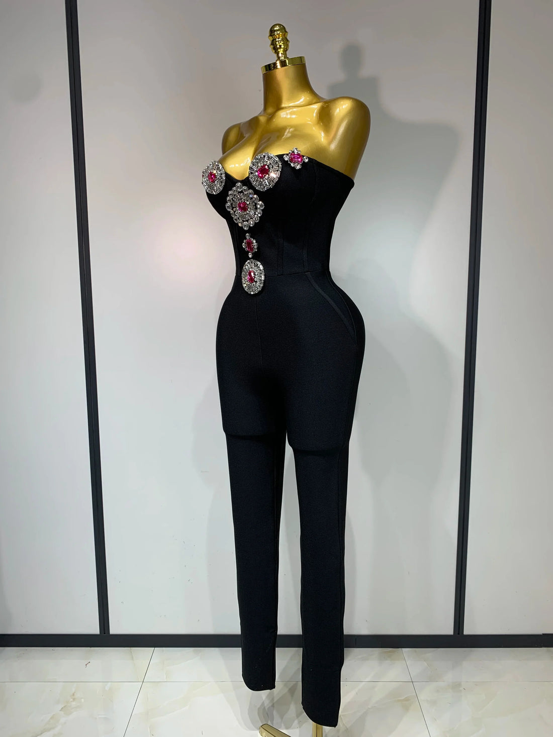 Fashion Celebrate Sparkly Rhinestone Women Sexy Strapless Bodycon Bandage Jumpsuit Runway Nightclub Party Luxury Birthday Outfit black