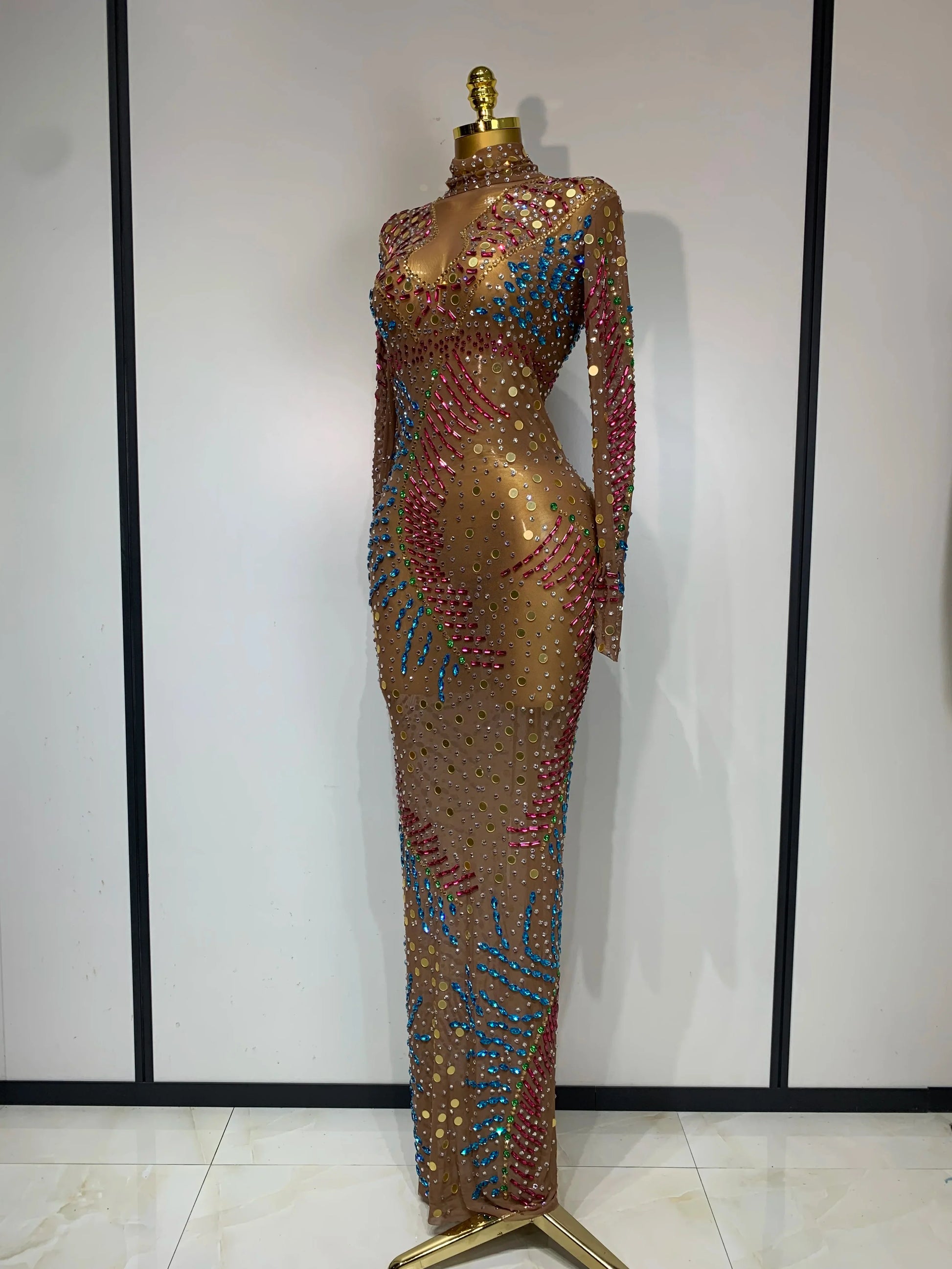 Women Sparkly Rhinestone See Through Elastic Mesh Women Long Dress Evening Prom Birthday Party Wear Club Performance Costume