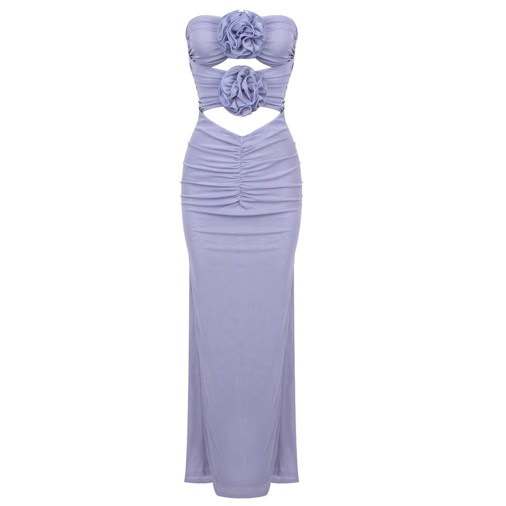 Summer New Light Purple Strapless Flower Bloom Midi Dress Sexy Spicy Girl Style Hollow Out Ruched Dress for Women LAVENDER
