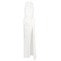 Sleek Black & White High-Neck Sleeveless Dress Gown with Dramatic High Slit & Draped Waist WHITE
