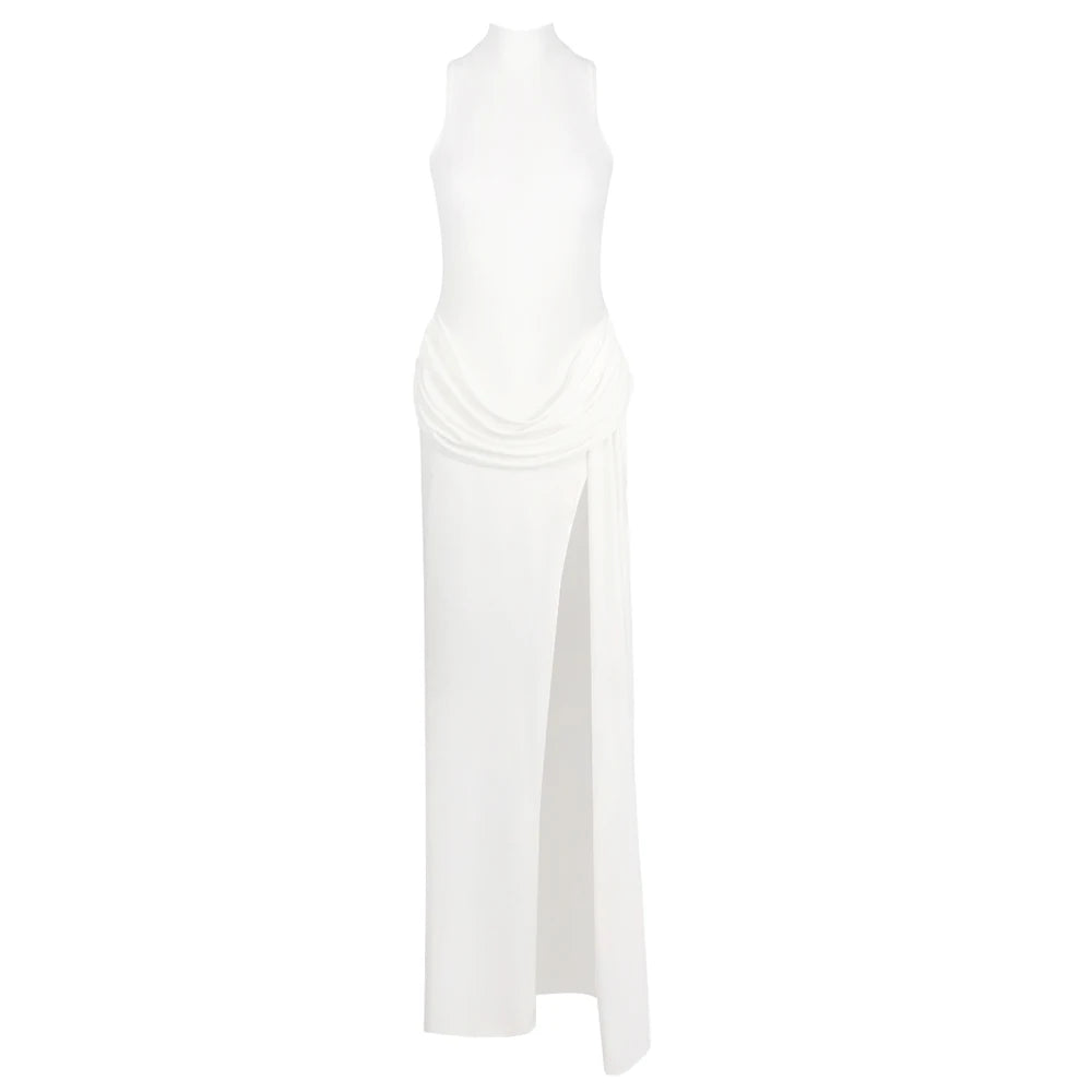 Sleek Black & White High-Neck Sleeveless Dress Gown with Dramatic High Slit & Draped Waist WHITE
