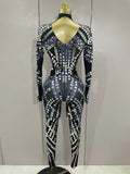 Sexy Shiny Silver Sequins Mirror Black Spandex Jumpsuit Women Prom Dancer Singer Costume Evening Birthday Show Stage Outfit