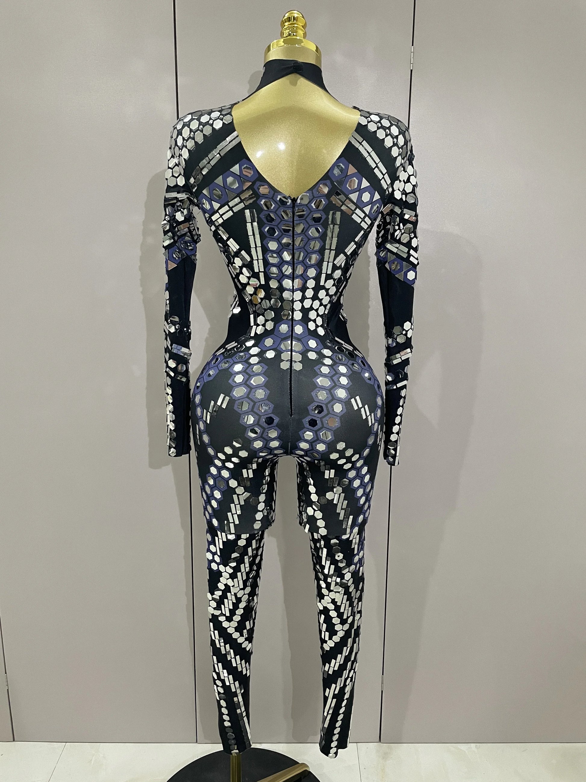 Sexy Shiny Silver Sequins Mirror Black Spandex Jumpsuit Women Prom Dancer Singer Costume Evening Birthday Show Stage Outfit