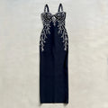 Ladies Diamond Beads Spaghetti Strap Backless Design Celebrity Evening Club Black Sleeveless Sexy Maxi Bandage Dress Vestidos black