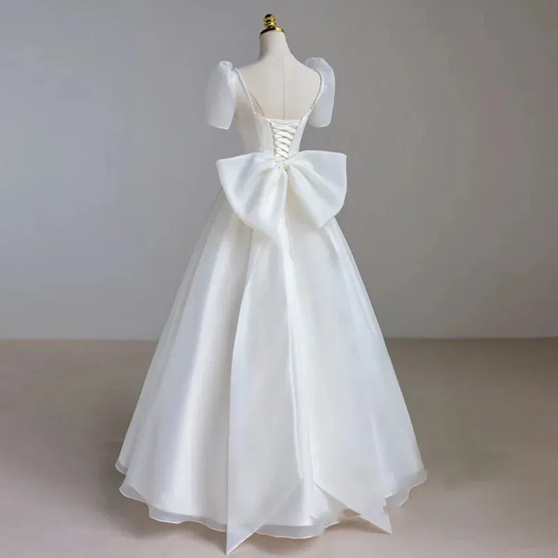 French Luxury White Satin Maxi Wedding Dresses for Bride Elegant Sexy Slim Puff Sleeve Long Prom Party Dress Women vestidos White Floor length | cn