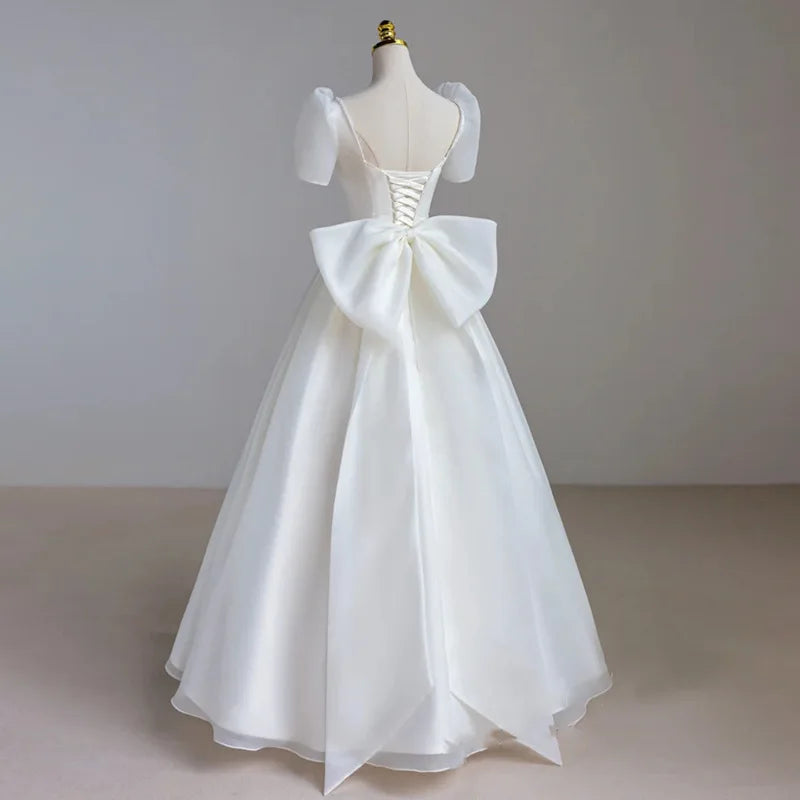 French Luxury White Satin Maxi Wedding Dresses for Bride Elegant Sexy Slim Puff Sleeve Long Prom Party Dress Women vestidos