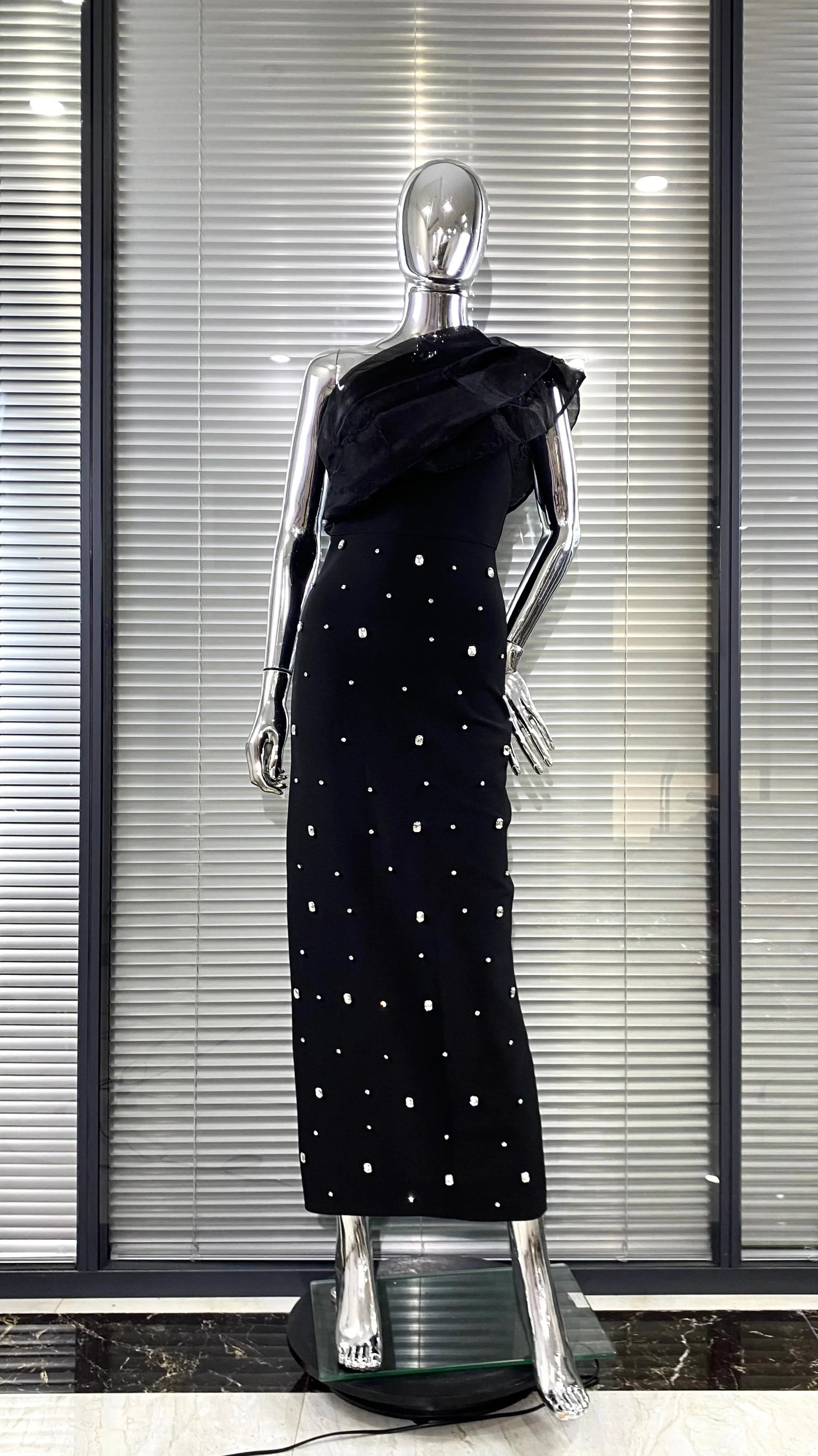 2 Colors Shining Diamonds Oblique Shoulder Ankle Length Bandage Dress Graceful Woman Party Dress Celebrity Party Vestido