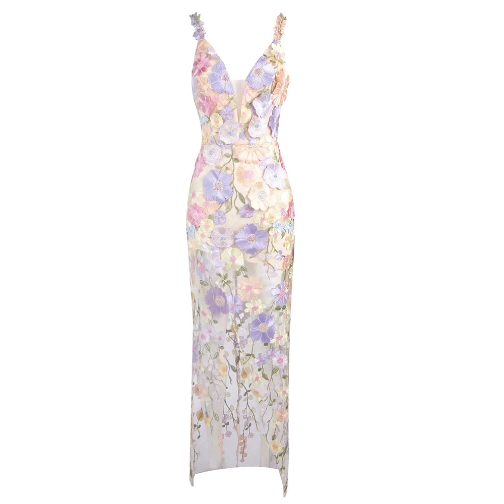 Glamorous Floral Embroidered V-Neck High Slit Dress Gown for Spring Fashion Galas Garden-Themed Weddings AS PIC