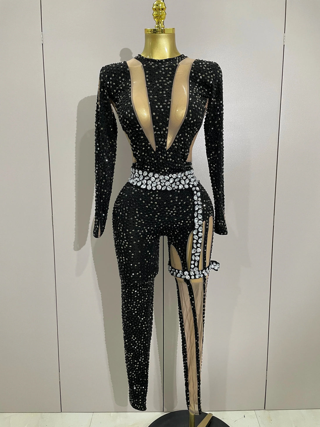 Sexy Sparkly Full Diamond Black Perspective Waist Cinching Asymmetrical Mesh Jumpsuit Birthday Party Nightclub Stage Costume black