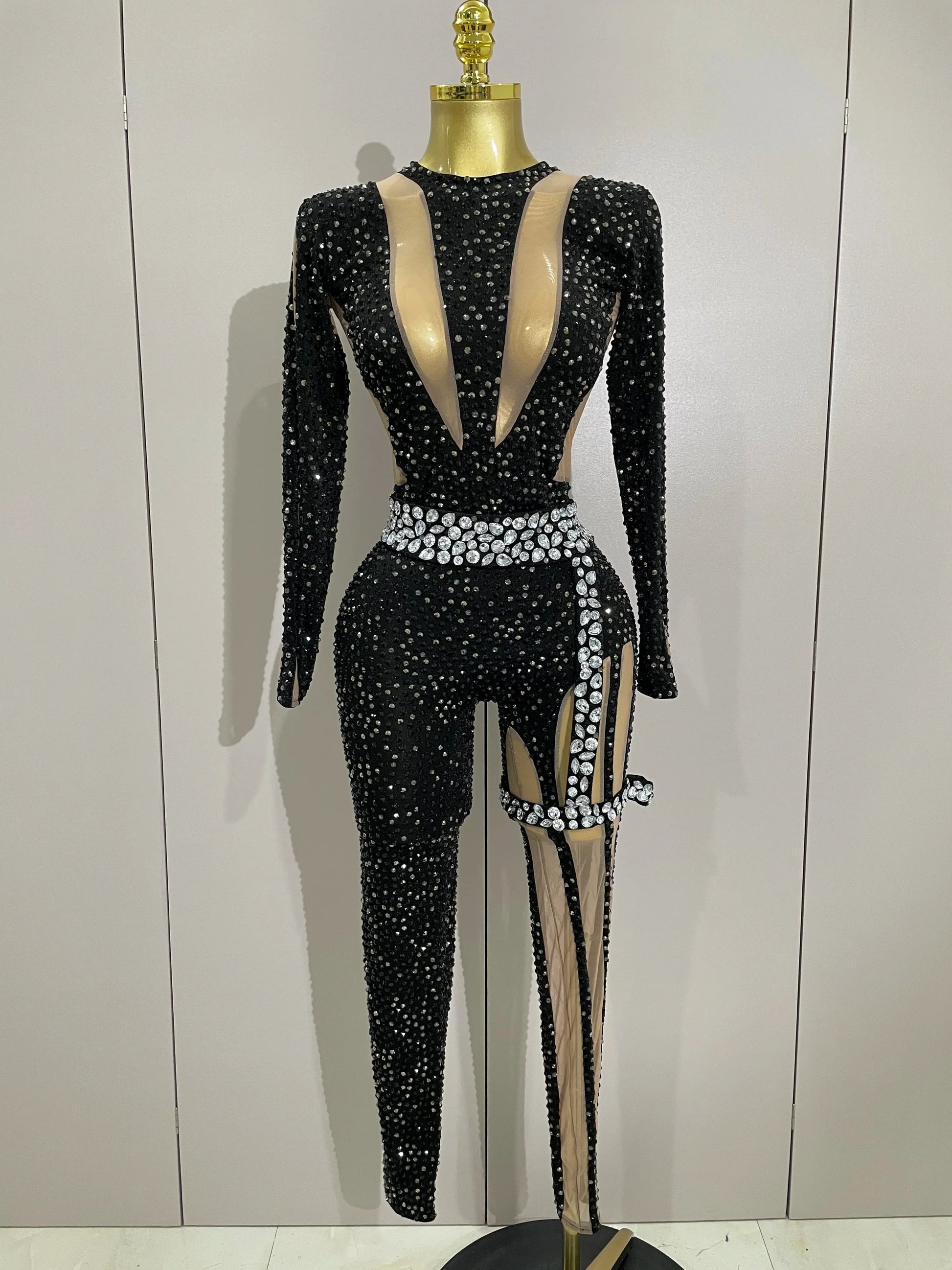 Sexy Sparkly Full Diamond Black Perspective Waist Cinching Asymmetrical Mesh Jumpsuit Birthday Party Nightclub Stage Costume black