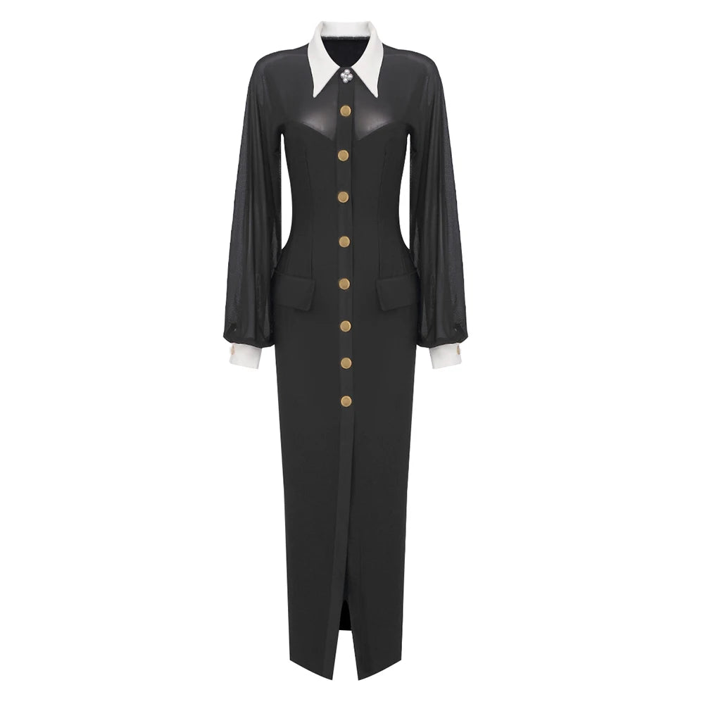 Women Elegant And Pretty Dress Spring Summer Fashion Party Long Sleeve Button Black Ankle Length Dresses black