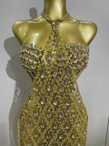Sexy Sparkly Gold Rhinestones Sleeveless Mesh Two Piece Long Dress Women Birthday Party Celebrate Prom Stage Costume
