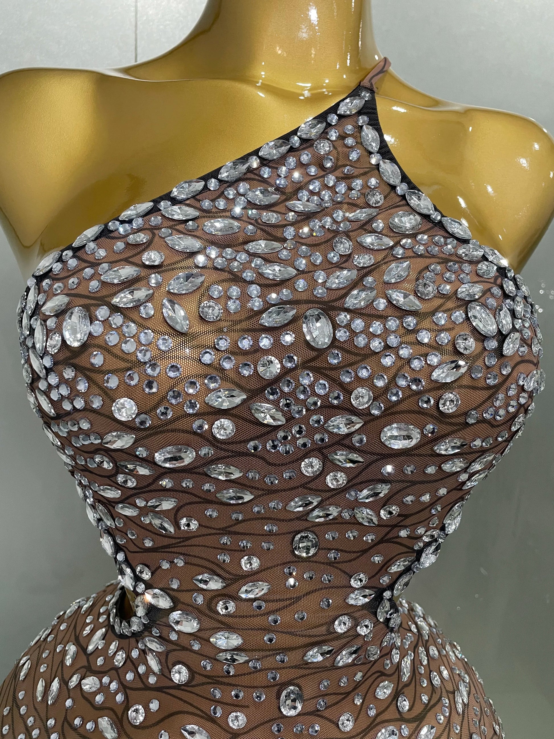 Sexy Shiny Diamond Hollow Out Backless Short Dress Women Evening Celebrate Prom Birthday Party Nightclub Stage Costume