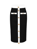 All Match Style 2 Color Golden Buttons Package Hips Knee Length Bandage Skirt Fashion Office Lady Wear Woman Basics item black