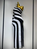 Luxury Birthday Dresses Women Sexy One Shoulder Striped High Split Jacquard Maxi Bandage Long Dress Elegant Evening Party Gown