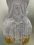 Sparkly Silver Rhinestones Pearl Tassels Bodysuit Women Sexy Eveing Birthday Party Nightclub Stage Performance Costume