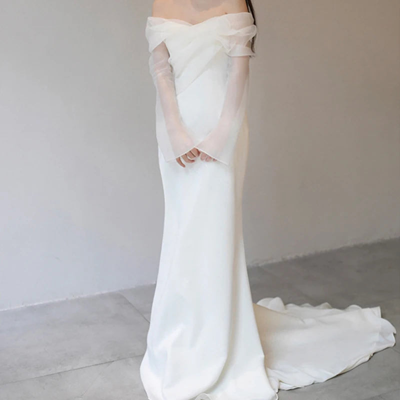 GIYSILE – robe De mariée légère en Satin, asymétrique épaule dénudée, coupe Simple et Slim, manches longues, robe De soirée De mariée