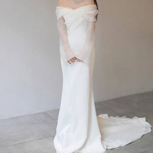 GIYSILE – robe De mariée légère en Satin, asymétrique épaule dénudée, coupe Simple et Slim, manches longues, robe De soirée De mariée