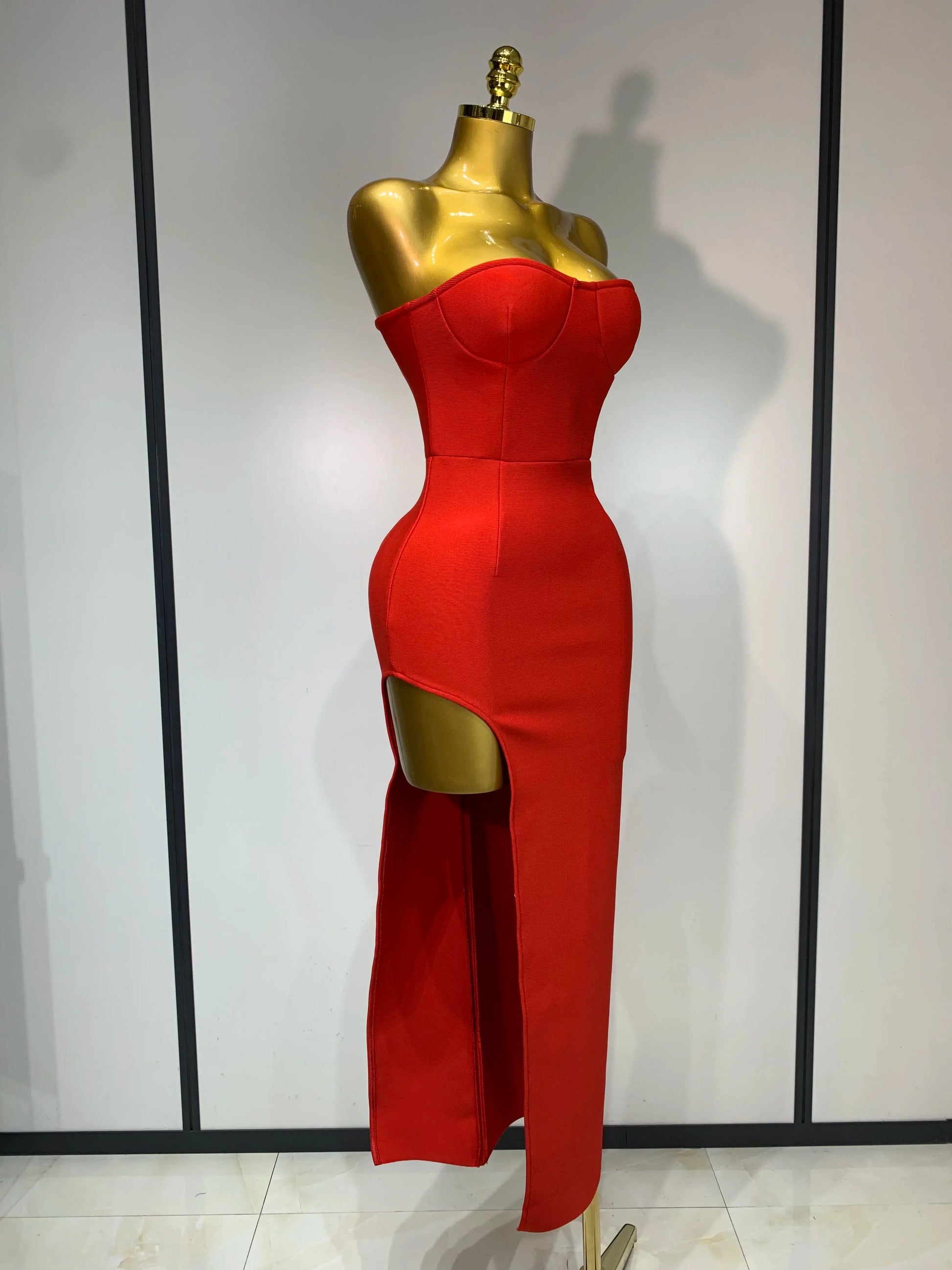 Sexy Red Strapless High Split Long Bandage Dress Luxury Birthday Dress Women Backless Bodycon Dresses Elegant Evening Party Gown
