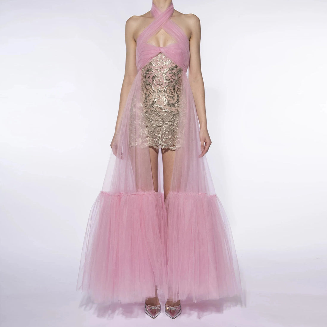 Spring Fashion Tulle Evening Dresses with Lace Mini Gown Halter Overlay Mesh Women Formal Prom Dress vestidos para mujer Pink