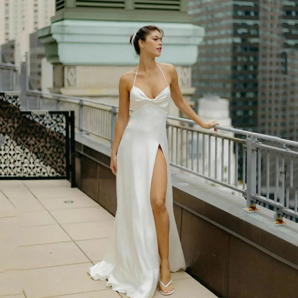 Simple White Wedding Dresses Halter Sexy Backless Side Split Bride Dress Customize To measure Robe De Mariee Stunning 14w