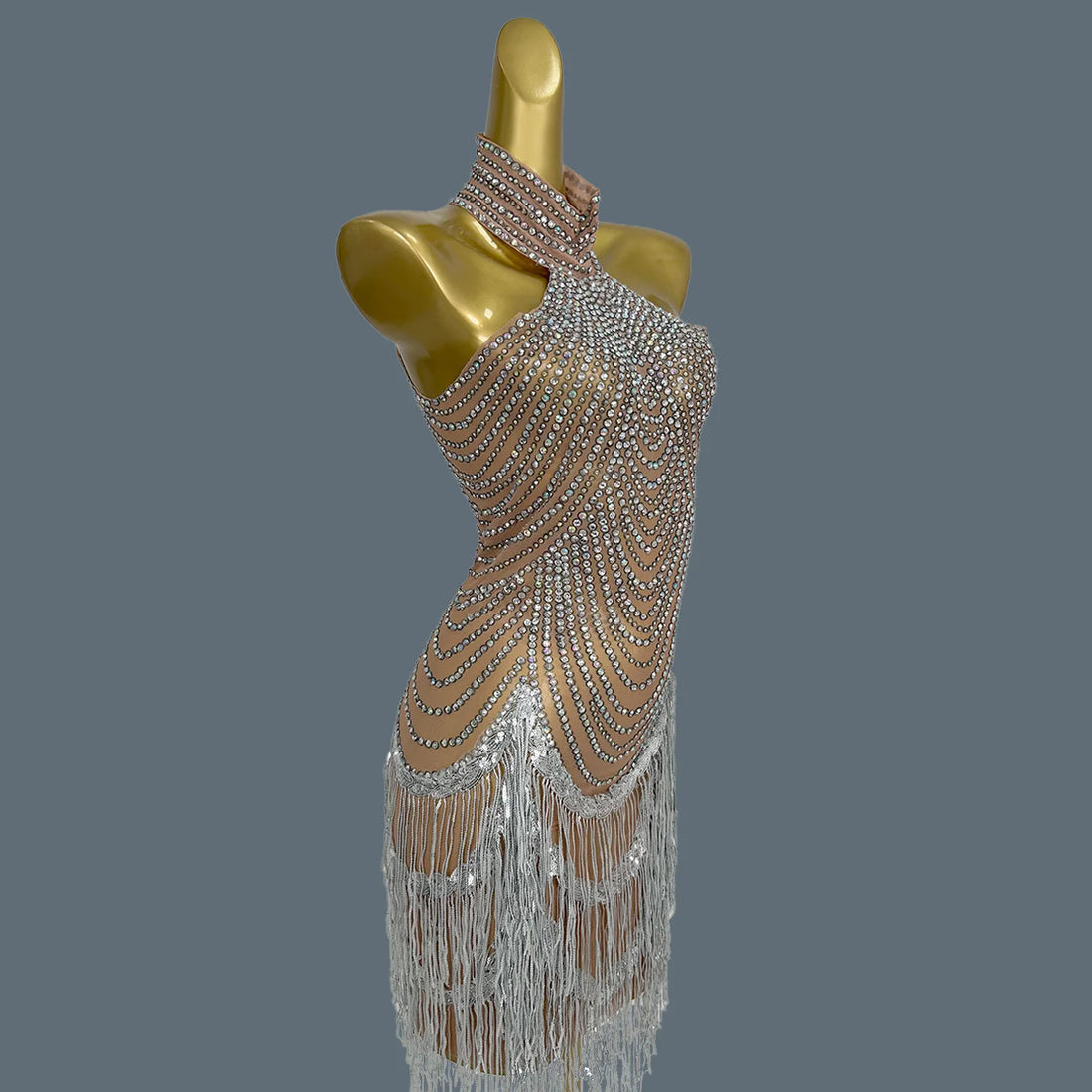 Shining Diamonds Tassel Dress Sexy Women Elastic Perspective Crystal Dress Singer Stage Costumes Latin Dance Dress Diaodeng Nude One Size