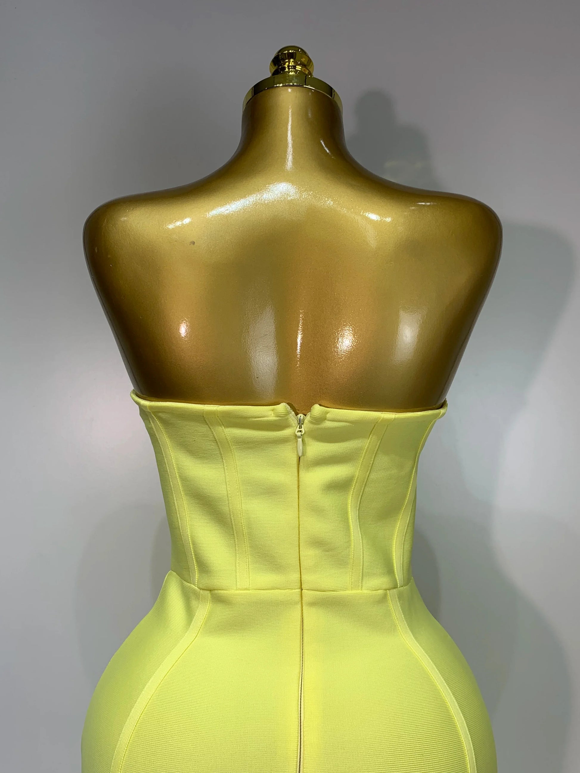 Newest Women Strapless Sexy Yellow Stretch Bodycon Bandage Dress Elegant Evening Party Luxury Birthday Celebrity Prom Gown