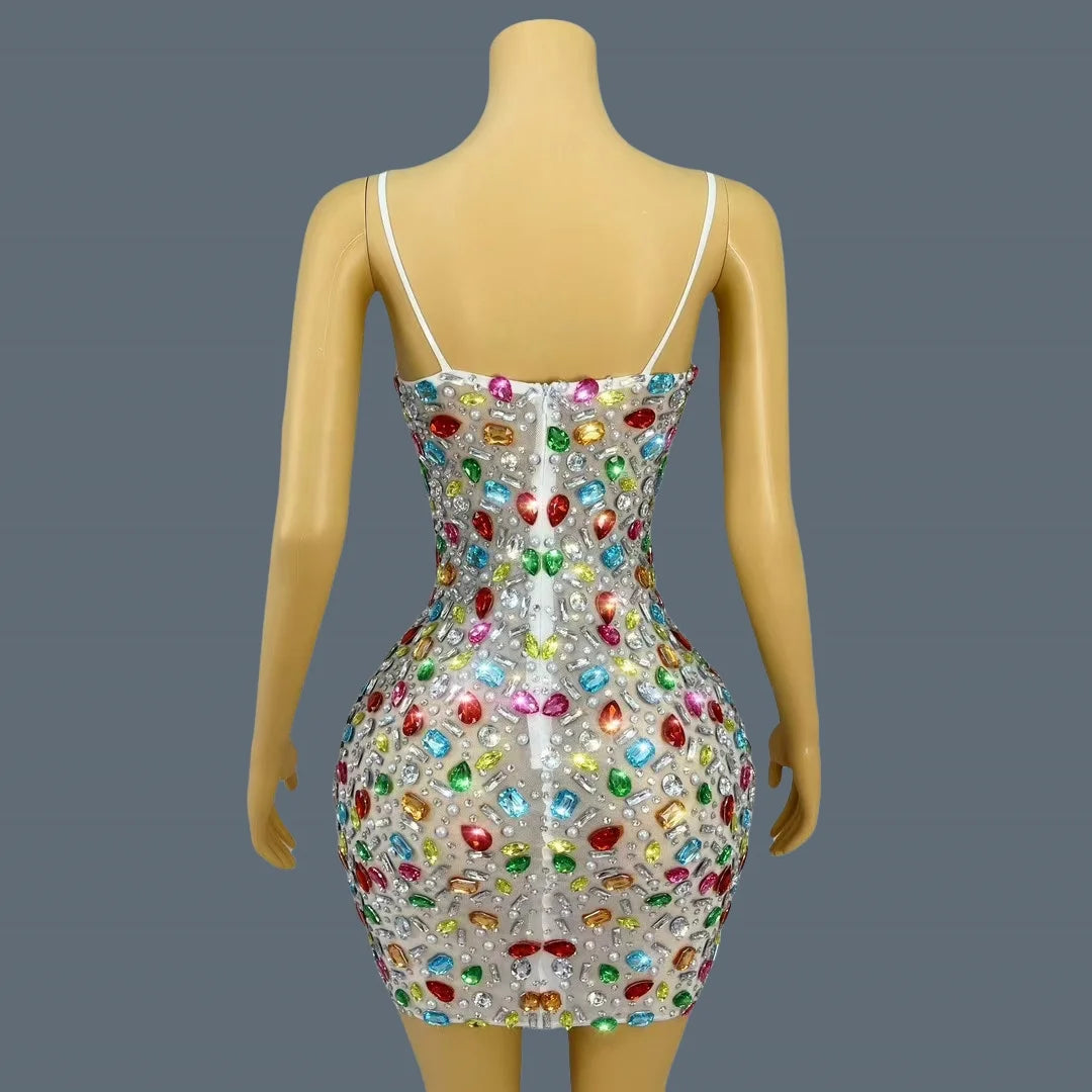 2025Multicolour Sparkly Rhinestone Sexy Strap Dress Women Nightclub Prom Skinny Dress Birthday Celebrate Prom Mini Dress Caixing as shown
