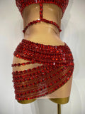 Sparkly Red Rhinestone Mini Dress Womer Sexy Mesh Birthday Wedding Party Prom Gowns Drag Queen Costume Singer Stage Outfit