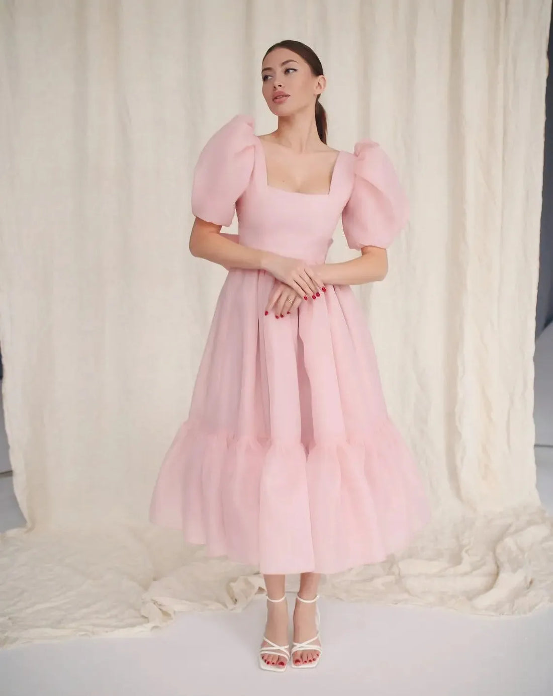 Pink Prom Dresses Organza Tea Length Puffy Short Sleeves Sqaure Neck A Line Simple Evening Engagement Party Gowns Occasion Pink