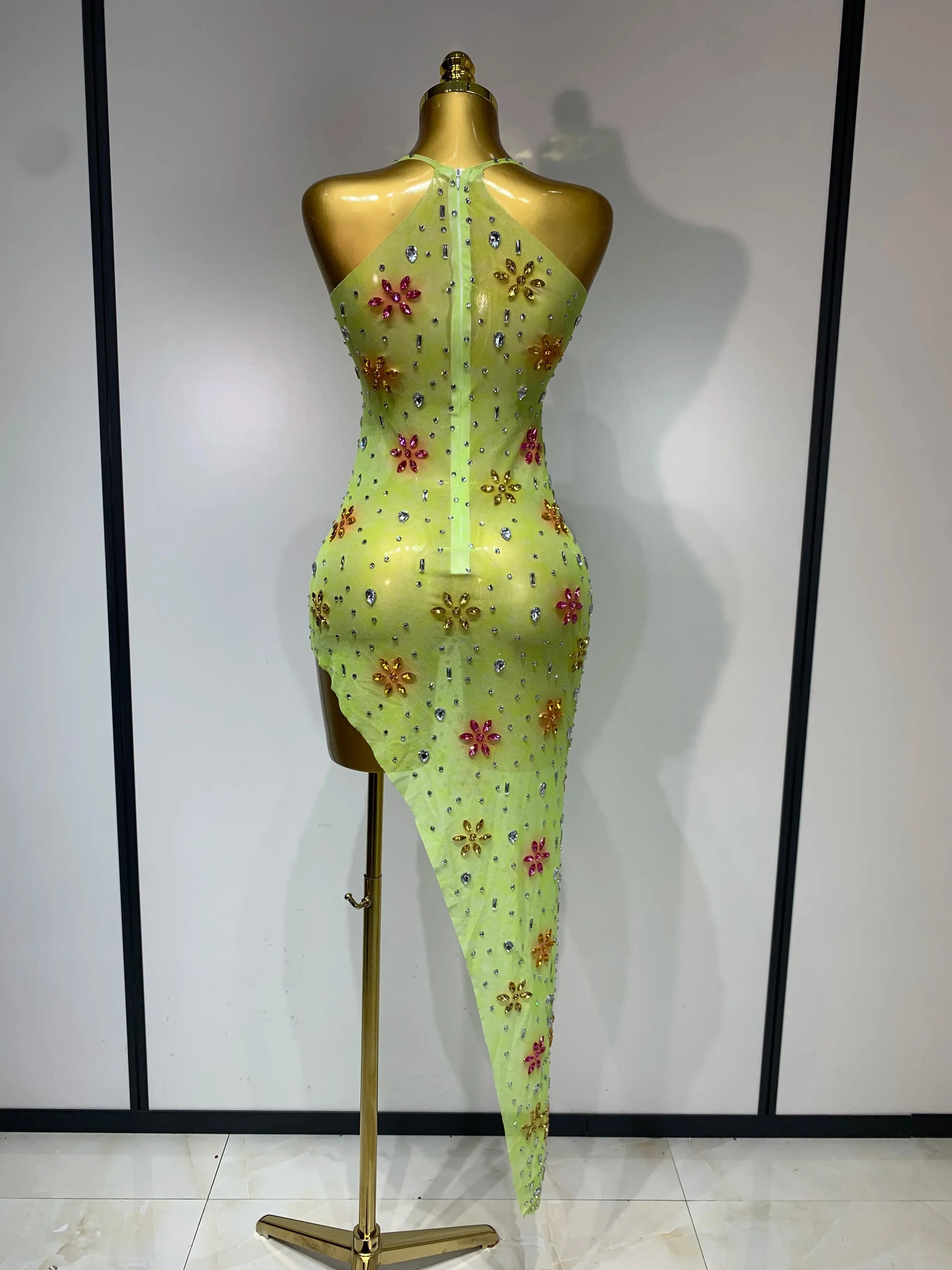 Women Sexy Mesh See Through Stretch Sparkly Rhinestone Performance Costume Stage Dancer Nightclub Party Luxury Birthday Dress