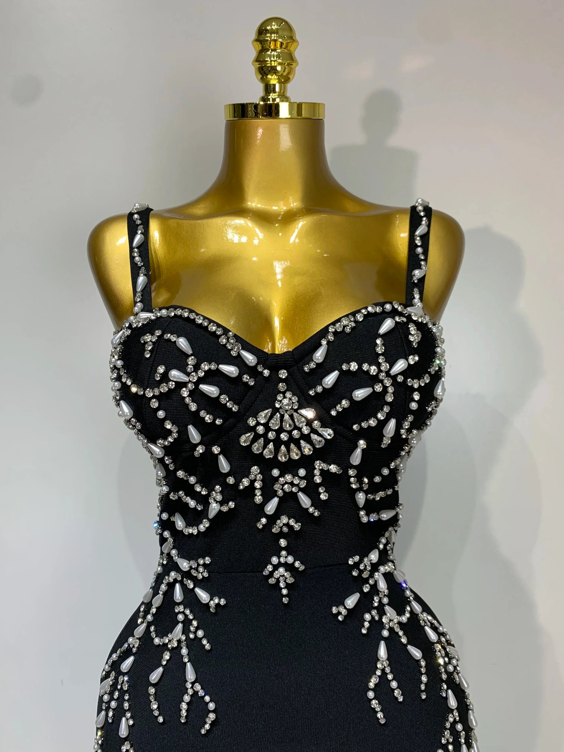 Women Sexy V Neck Black Beading Maxi Long Bodycon Bandage Dress Celebrity Elegant Evening Club Party Luxury Birthday Dress