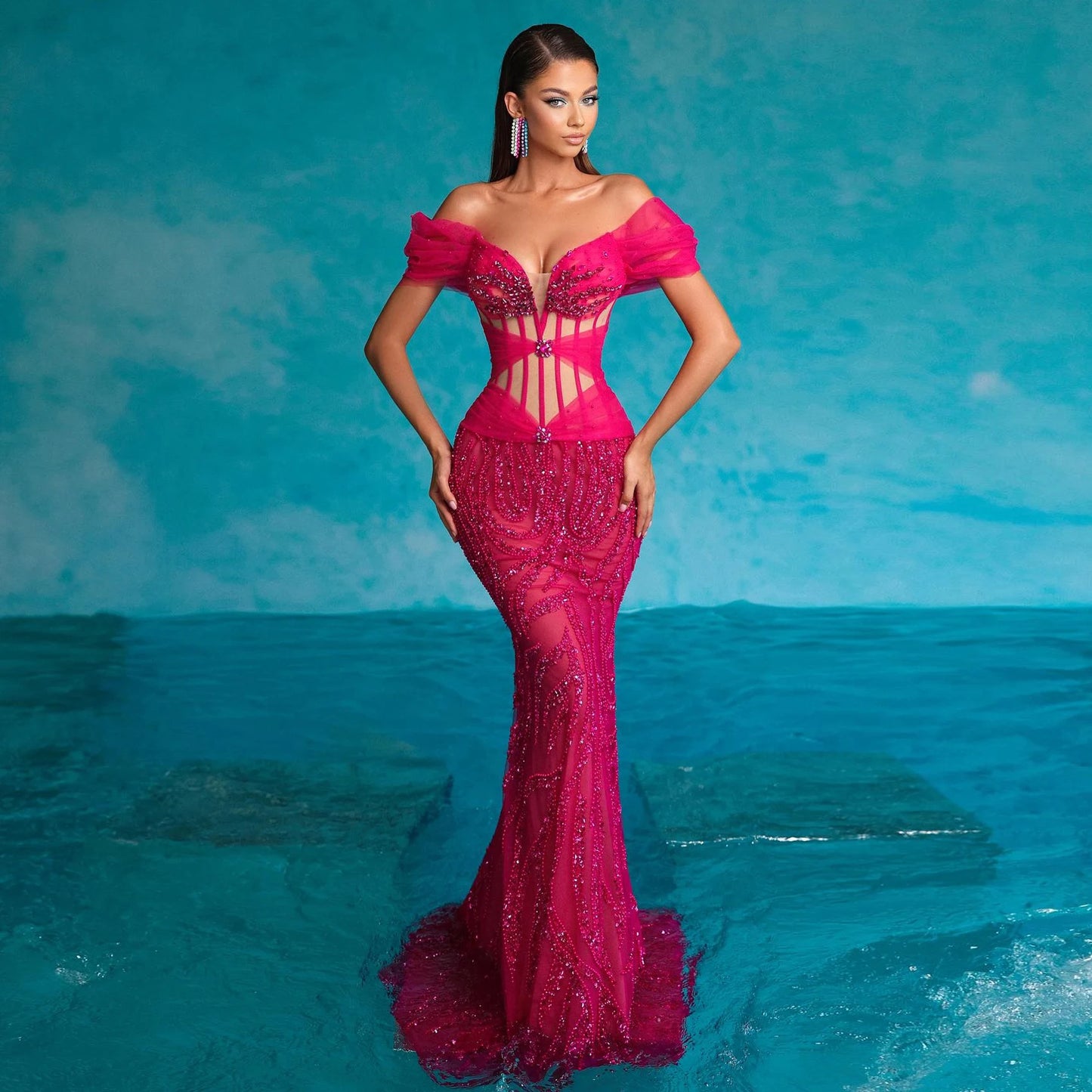 Dream Fuchsia Beaded Lace Mermaid Prom Dresses Off the Shoulder Corset Formal Party Dress vestidos de fiesta Evening Gowns
