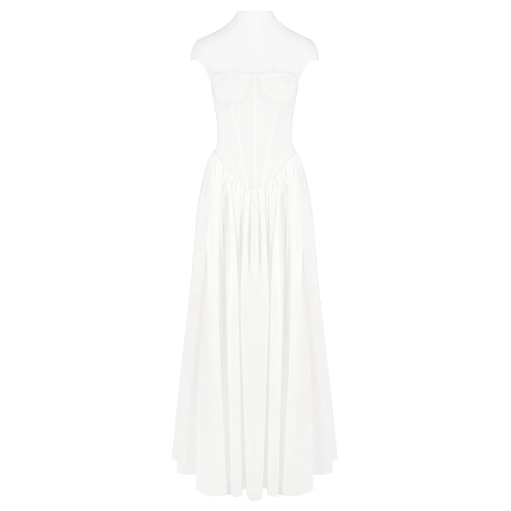 Romantic Ethereal High-Neck Bridal-Inspired Sheer White Maxi Dress for Wedding Party Evening Gown WHITE