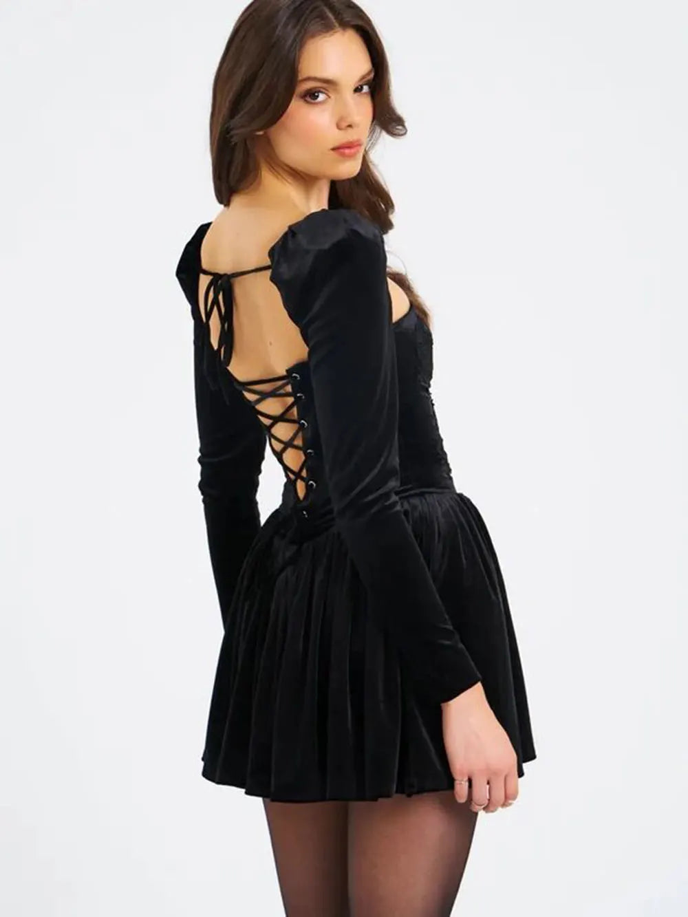 Sexy Women's Christmas Dress Lace Square Collar Bubble Long Sleeve Slimming Bareback Drawstring pleated Mini Dress Vestidos