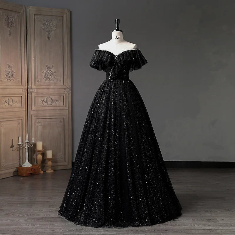 Novo vestido de baile preto simples luxo bling shining quinceanera vestidos clássicos fora do ombro, vestidos inchados no chão para baile