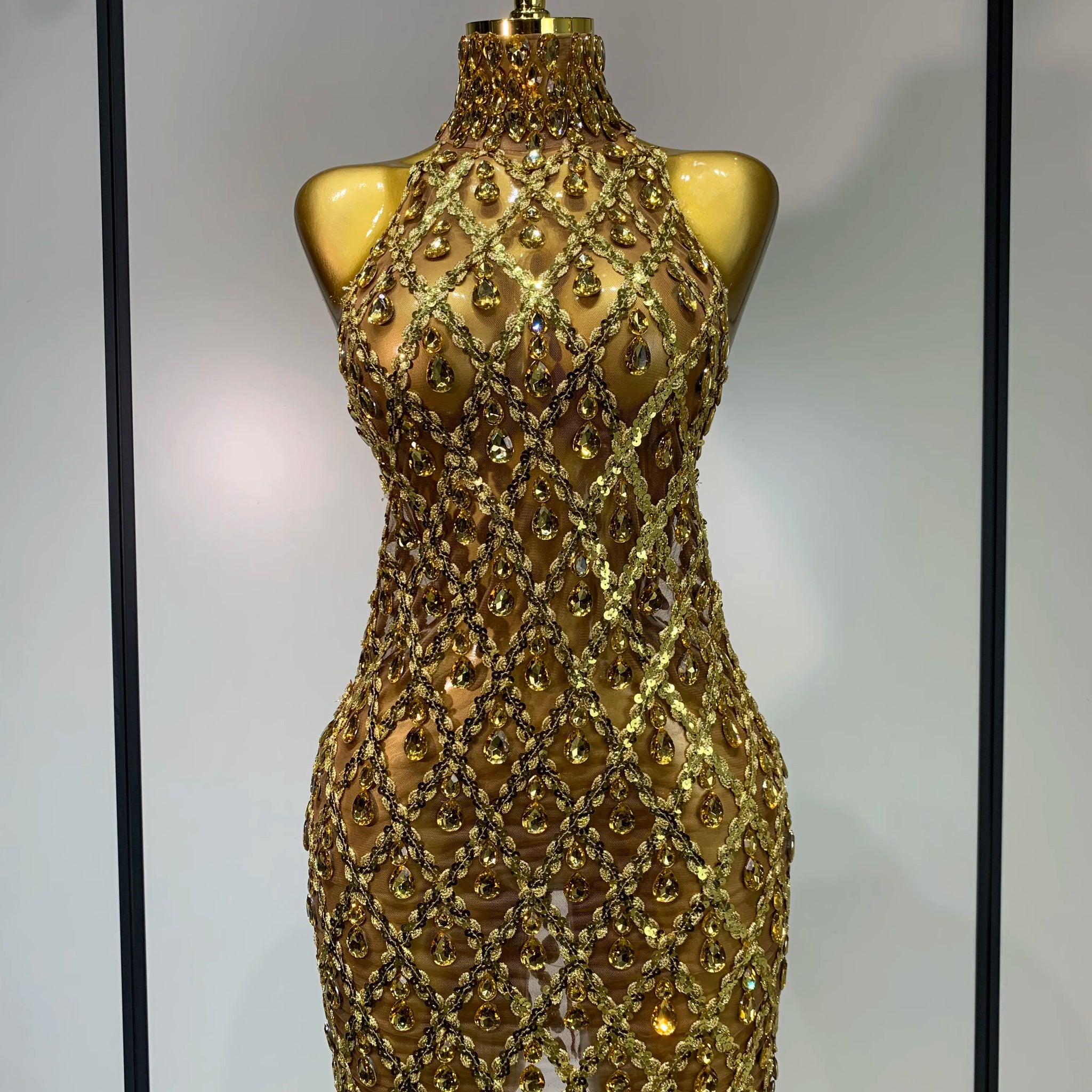 Women Sexy Stage Shining Rhinestone Sequins Dress Evening Prom Luxury Birthday Dress Transparent Performance Singer Club Dress Gold