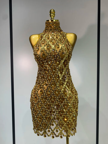 Women Sexy Stage Shining Rhinestone Sequins Dress Evening Prom Luxury Birthday Dress Transparent Performance Singer Club Dress Gold